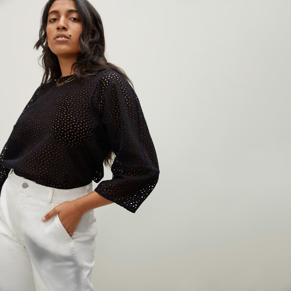 Everlane The Eyelet Lantern Top Black 3/4 sleeve Small